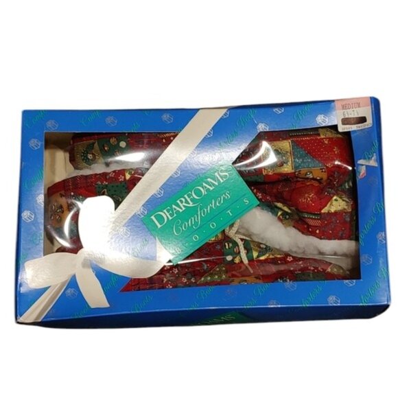 1990 Dearfoams Comforter Christmas Print Quilted Slipper Boots M 6.5-7.5 - Picture 1 of 7